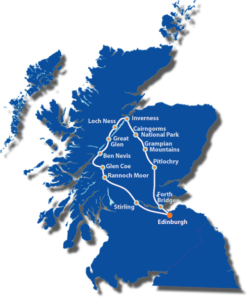 Map of Scotland showing the route of the Loch Ness and the Highlands Tour