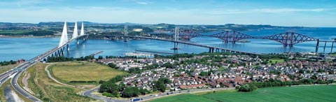 Ariel view of the 3 bridges spanning the Firth of Forth