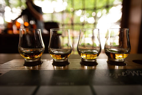 A selection of four whiskies for a tasting are arranged on a bar 