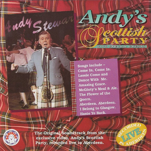Promotional image for video of Andy Stewart wearing kilt and jacket on red tartan background
