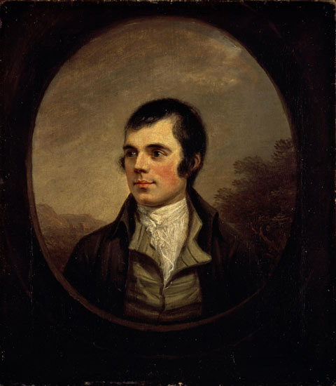 Head and shoulders portrait of Robert Burns wearing white collared shirt and dark jacket in frame