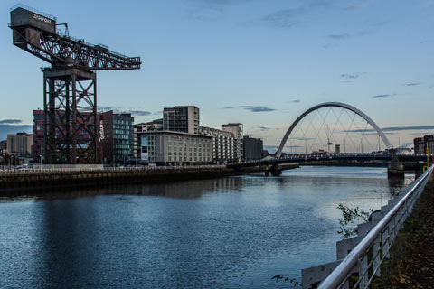Finnieston Crane and Clyde Arc Bridge at waterfront in Glasgow 