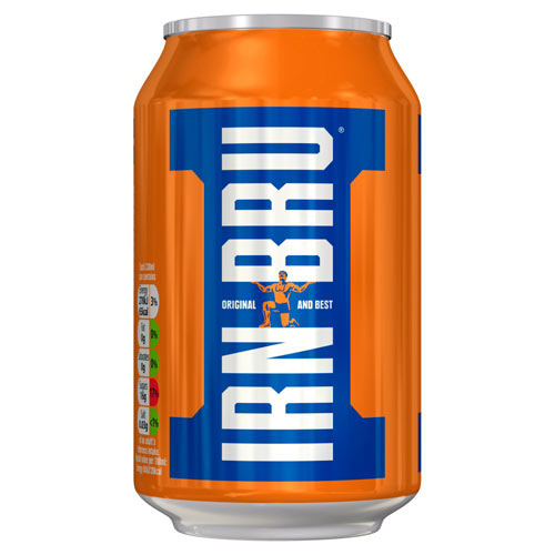 A tin can of Irn Bru with the distinctive orange background and white on blue lettering