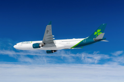 Aer Lingus plane in flight  with blue sky and light clouds